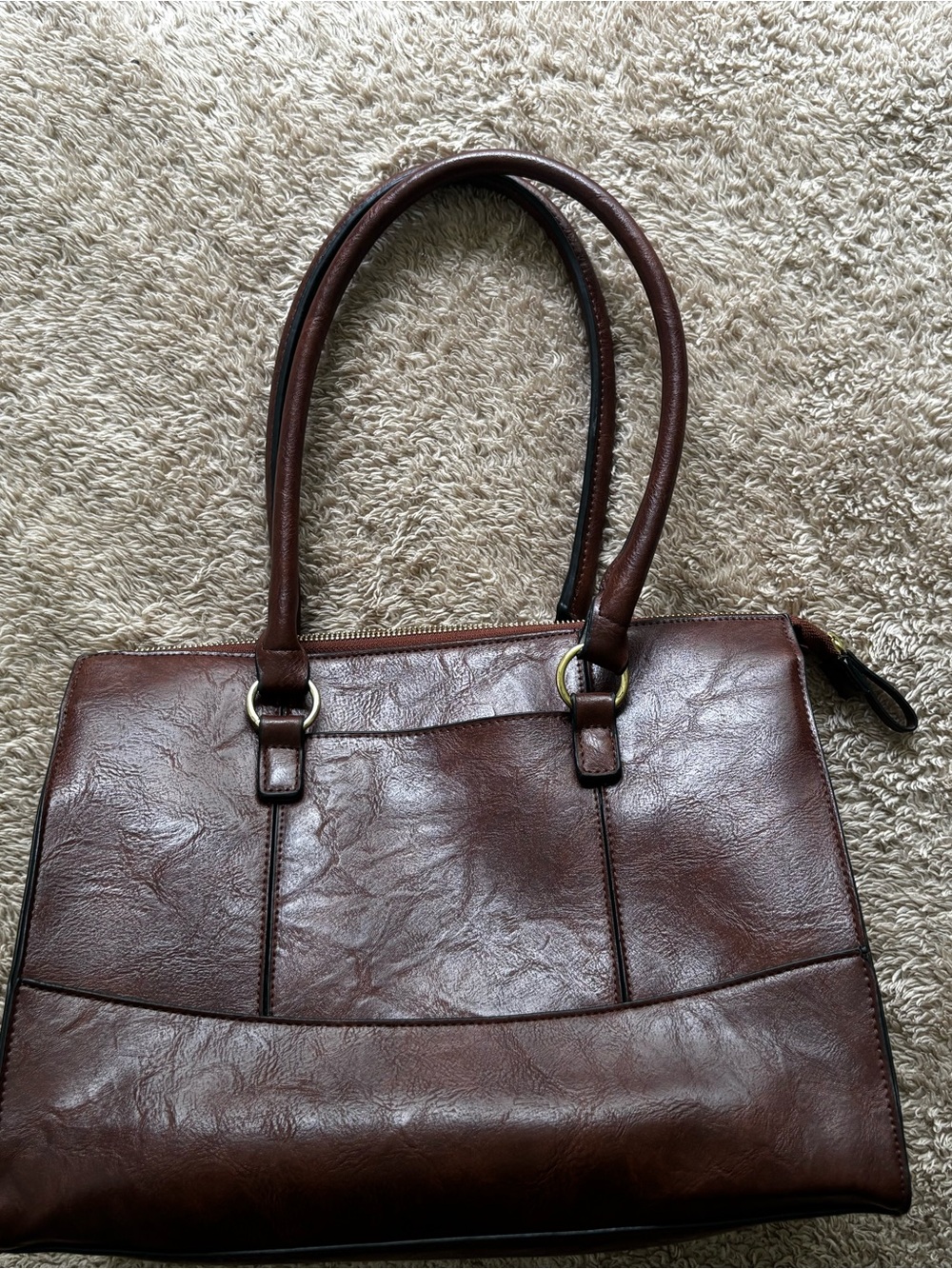 Big Brown Leather Tote Handbag brand bueno gold hardware